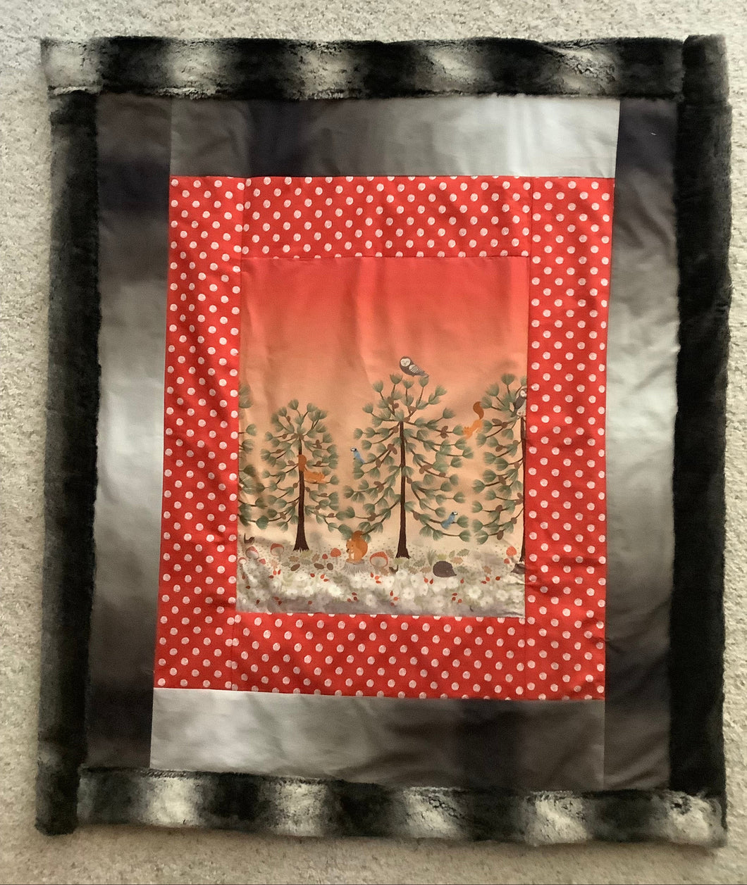 Cozy chinchilla minkee and cotton quilt for baby, toddler, or adult with forest scene and critters