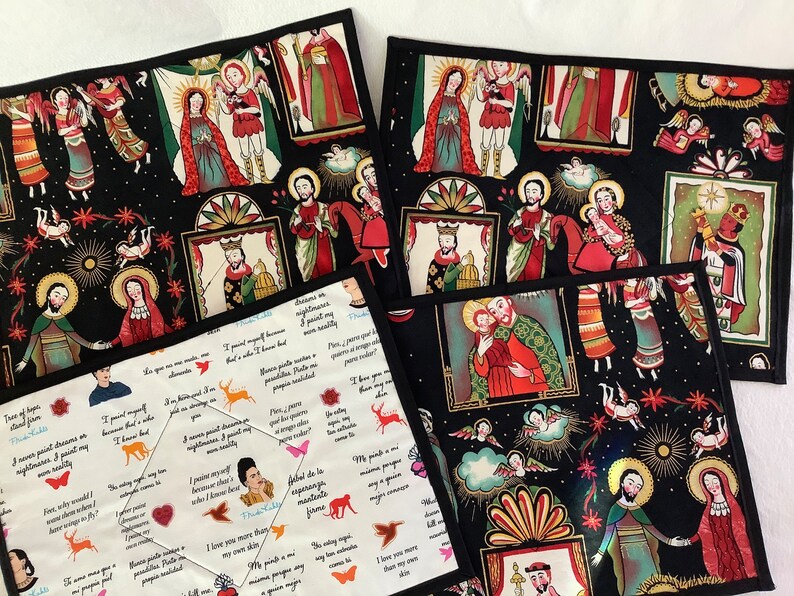 Reversible Christmas and Frida Kahlo placemats gold highlights set of four